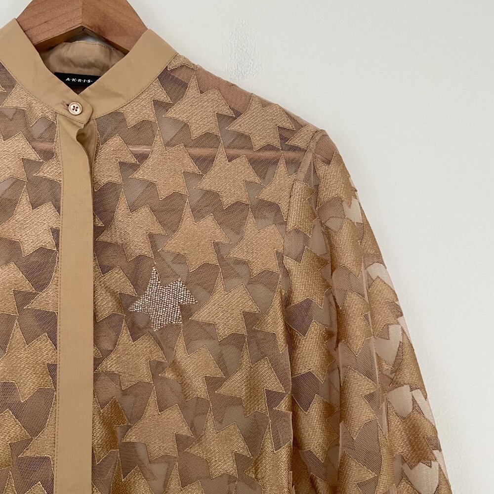 Akris Embroidered Mesh Button Down Shirt in Brown Multi Size 4 - Picture 6 of 6